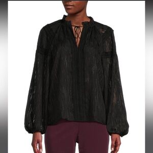 Tommy Hilfiger Chiffon Lurex Keyhole Mock Neck Long Sleeve Blouse